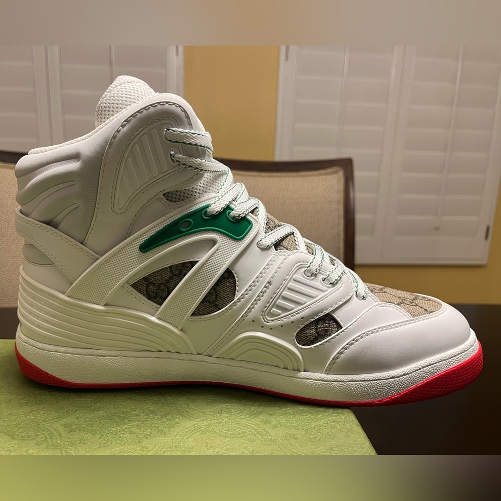 New Gucci High Top GG Supreme Logo White Tan Sneaker Shoes Size UK 10 / US 10.5 - Picture 9 of 15
